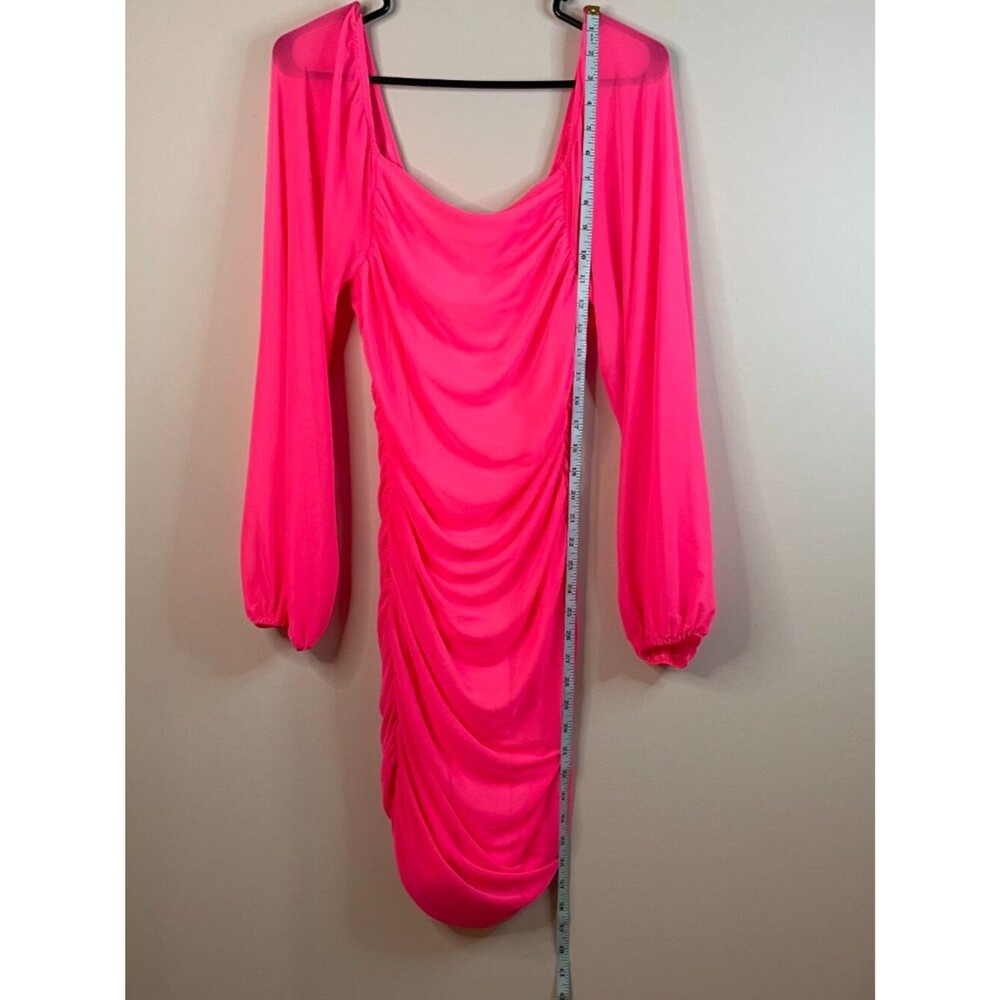 MEROKEETY Hot Pink Long Sleeve Square Neck Mesh Bodycon Midi Dress Size M 8-10 - Picture 6 of 15